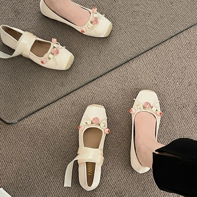 Lace Tie Leg Satin Silk Ballet Flats Woman Square Toe Bowknot Elastic Band Ballerinas Ladies Wedding Floral Shoes 250613