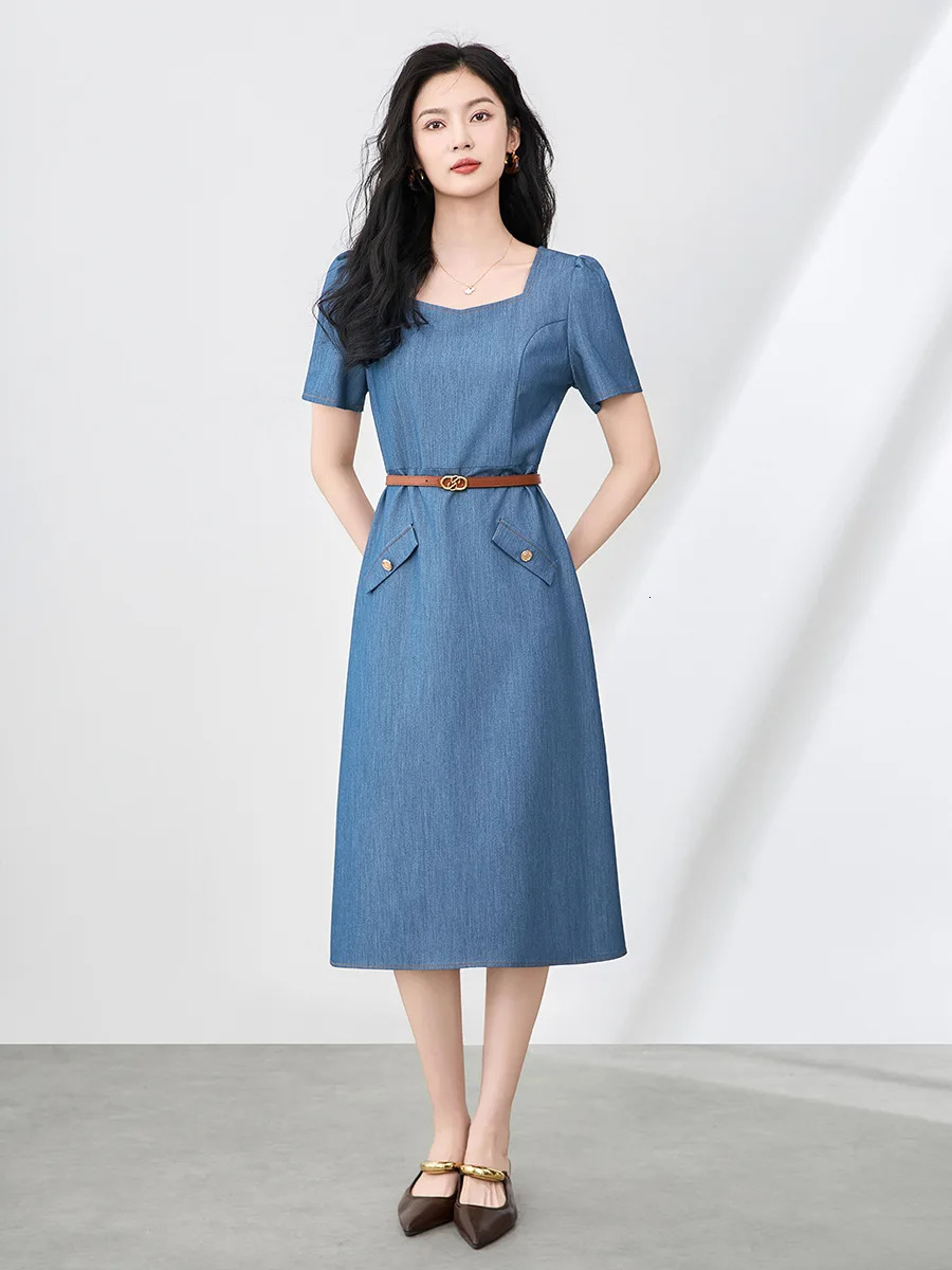 ZJYT Summer Elegant Vintage Midi Denim Dress Women Square Collar Short Sleeve Casual Dresses Female 2025 Blue Vestidos 250609