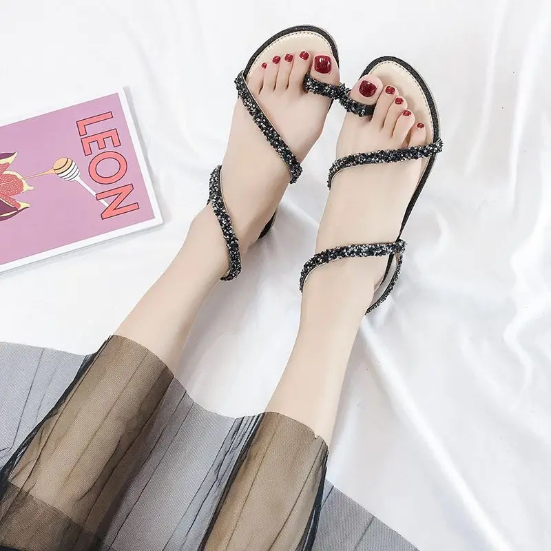 Womens Sandals Crystal Ladies Shoes For Party And Weddings No Heel Flat Rubber Flip-flops Silver Shoe On Offer Premium F 250610