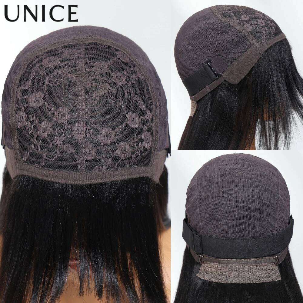 Unice Yaki Straight With Bangs Layered Cut Human Hair Wigs Breathable Cap Full hine Made Wig 150% Density
