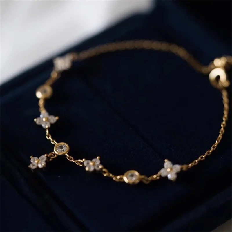 925 Silver Plated Shiny Zircon Flower Charm Bracelet for Women Fashion Simple Chain Bracelets Wedding Jewelry e4 250610