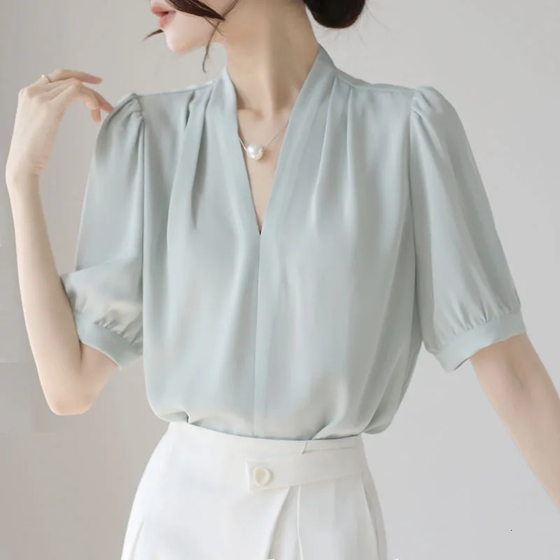 Fashion Summer Short Sleeve VNeck Women Blouse White Shirt Tops Blouses Shirts Womens Camisas P856 250614