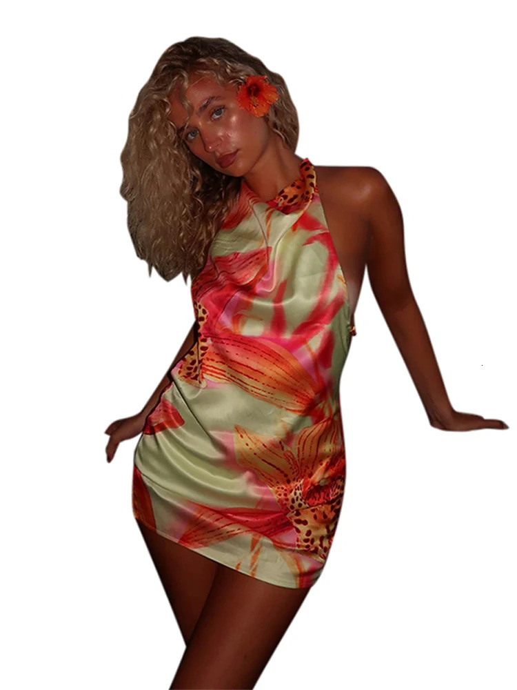 Backless Satin Short Dress Women Sexy 3D Flower Print Lace Up Sleeveless Halter Dresses Summer Beach Vacation Lady Vestisos 250612