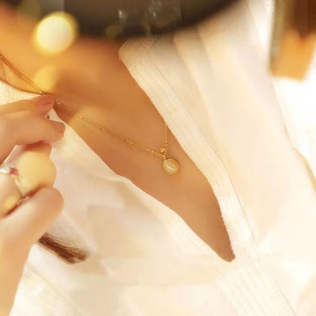 Fashion Trend Light Style Simple Personality Inlaid Cat's Eye Stone Fu Character Necklace for Women Niche Titanium Steel Non-Fading Jewelry