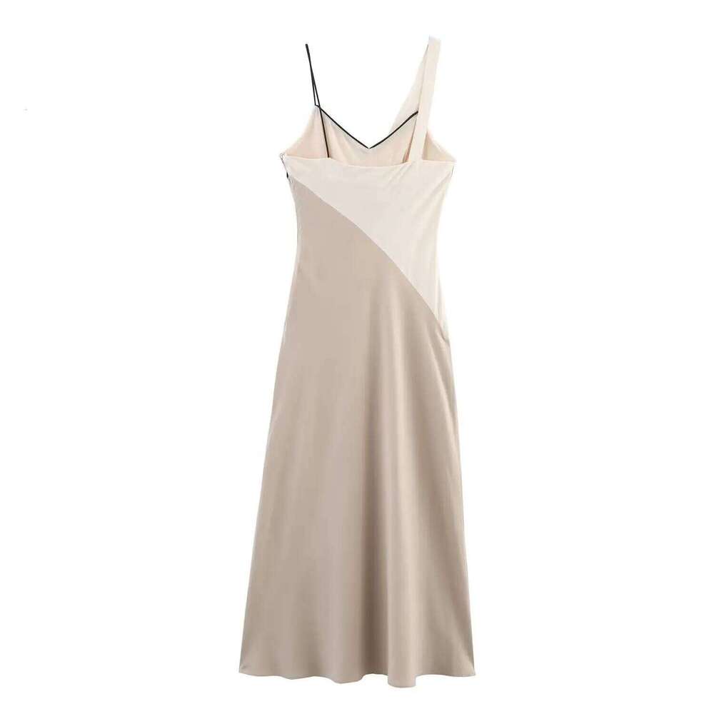 Womens Elegant Sexy Contrast Color Blocked Cowl Neck Sleeveless Spaghetti Strap Mid Length Dress With Asymmetric Straps