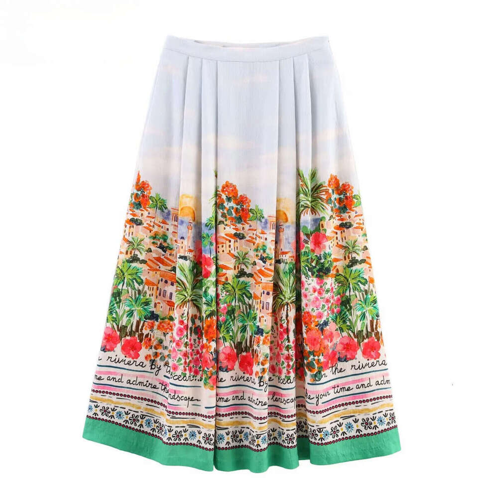 Womens Casual Elegant Loose Drapey Large Hem Mid - Length Printed Half Skirt With Exquisite And Unique Prints
