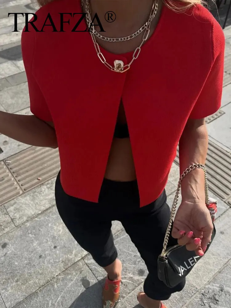 TRAFZA Women Elegant Solid Cardigan Coat Jackets Short Sleeve Metal Button Thin Knitted Shirt Female Y2K Cropped Top Outerwear 250612