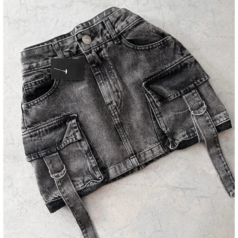 2024 Summer Denim Skirt MultiPocket Y2K Solid Color Mini ALine Harajuku Fashion Girl Casual Versatile Street Wear 250610A