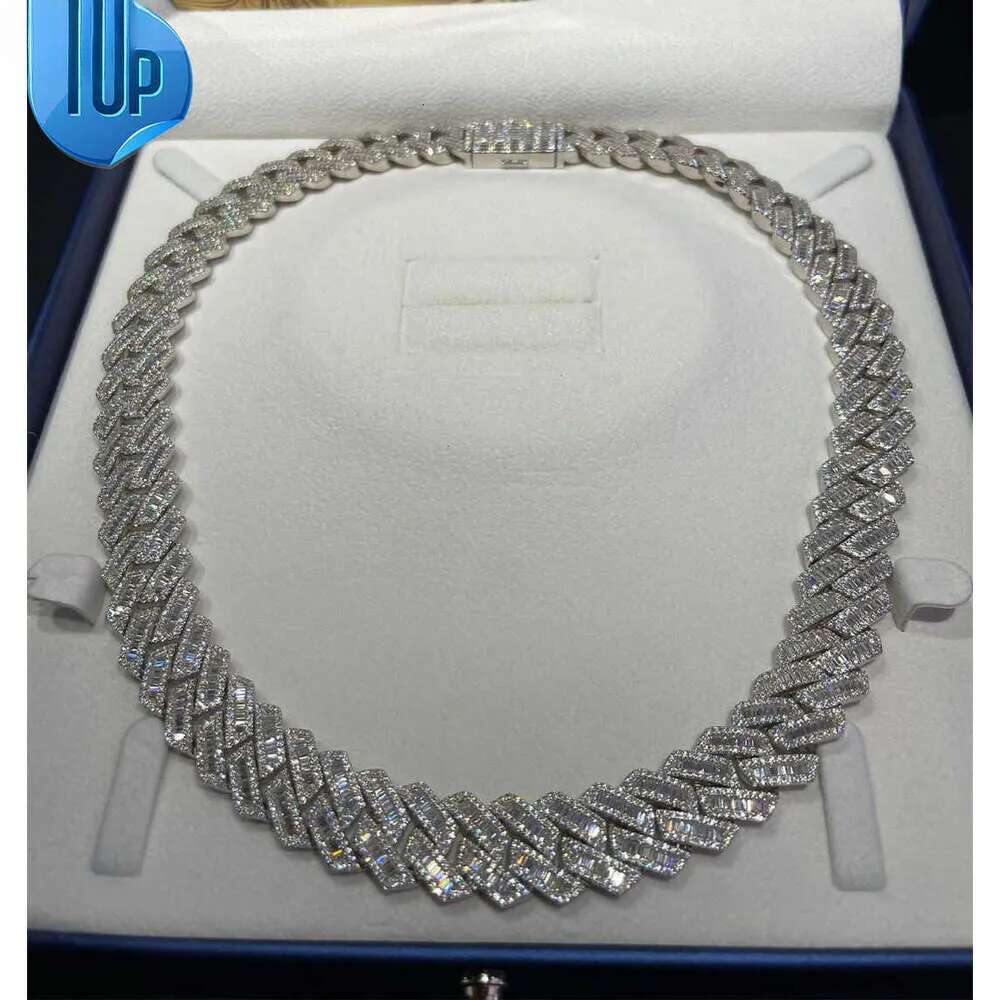 KIBO Hip Hop Jewelry 18MM Sier VVS Baguette Moissanite Dia Cuban Link Chain