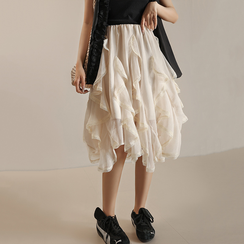 HH1806 Retro chiffon printed plaid skirt spring and summer high waist slimming hip cover elegant