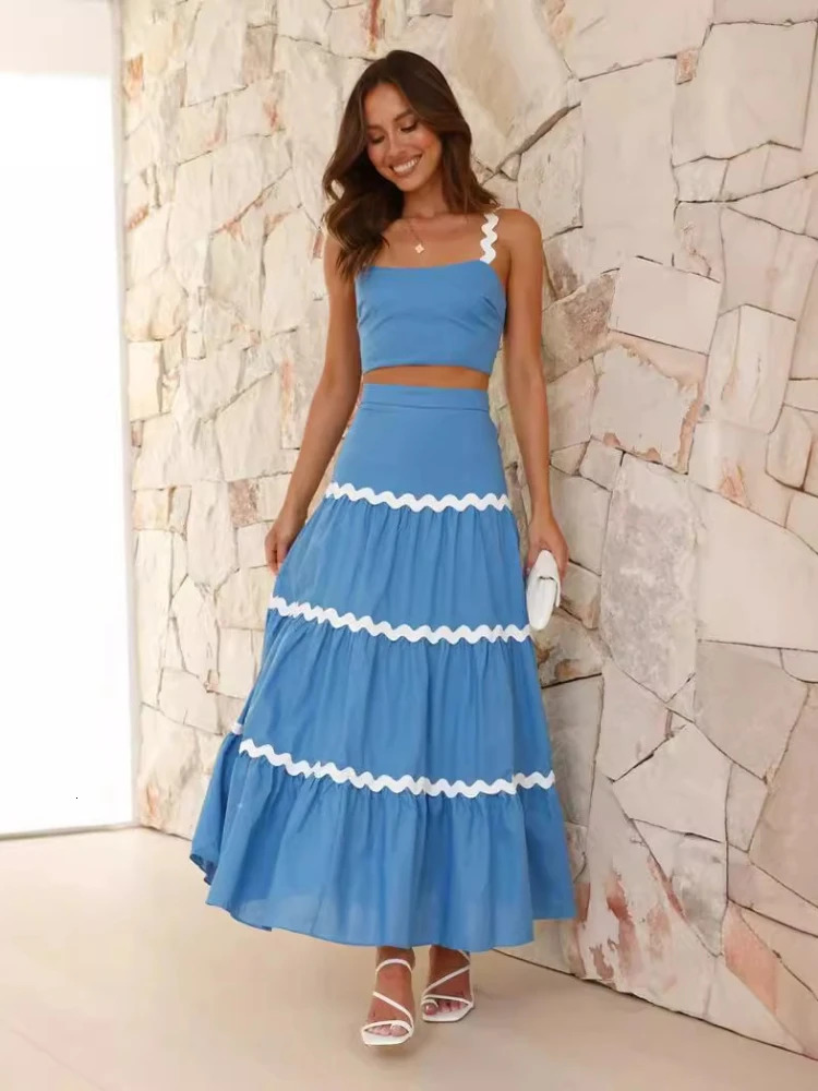 Summer Bohemian Womens Sexy Fashion Two piece Set Ripple Bra Big Swing Half Skirt Vacation Style Two piece Set 250609