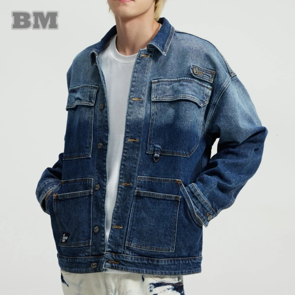 American Vintage Gradient Color Denim Jacket Mens Clothing High Quality Cargo Spring Autumn Streetwear Loose Coat Male 250614