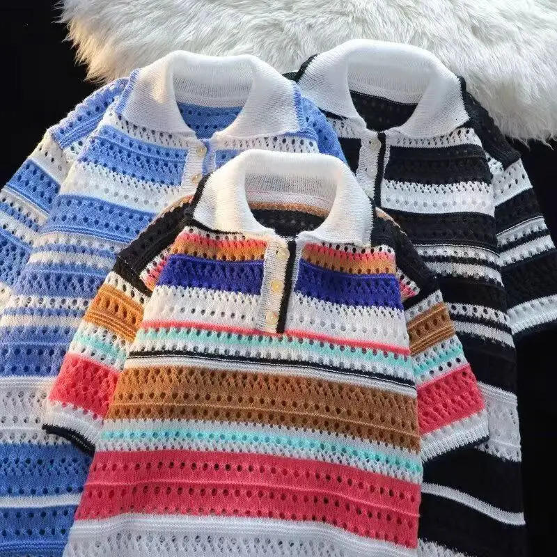 Dopamine Striped Knit Polo Shirt For Men Vintage Loose Short Sleeve Tops Fashion Hollow Out Knitting Color Blocked T-shirts 250614
