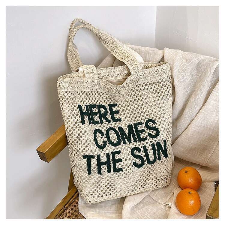 Letter Embroidery New Style Machine Woven Straw Large Capacity Shoulder Beach Tote Bag