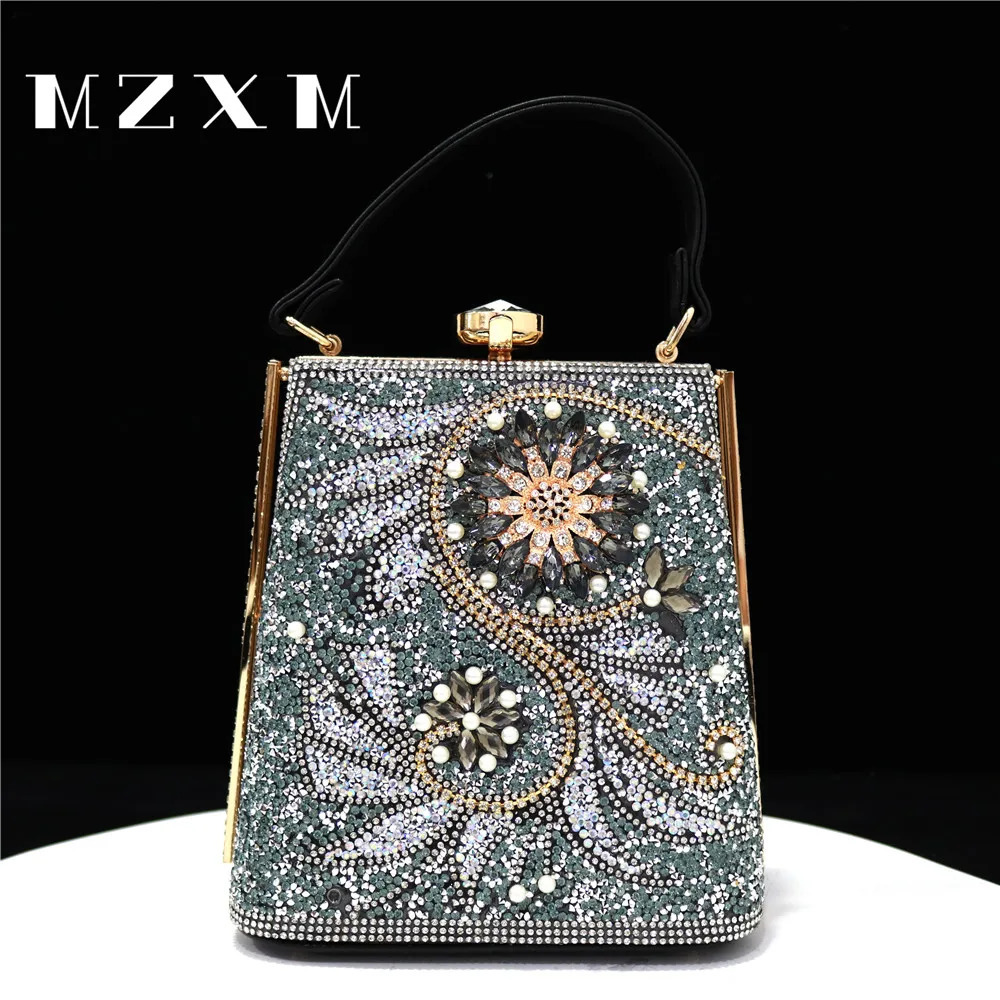 Womens Elegant Onesided Handbag Luxury Gold Rhinestone Applique Pearl Design Dinner Bag 250614