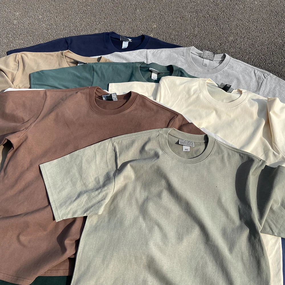 330 Grams Heavy Solid Color Simple Short-sleeved T-shirt Summer Mens and Womens Low Saturation Loose Half-sleeves 250609