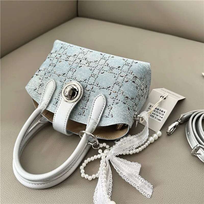 Rhinestone Embellished High-end Denim Lock Handbag for Women 2025 New Korean Fashion Single Shoulder Crossbody Bag