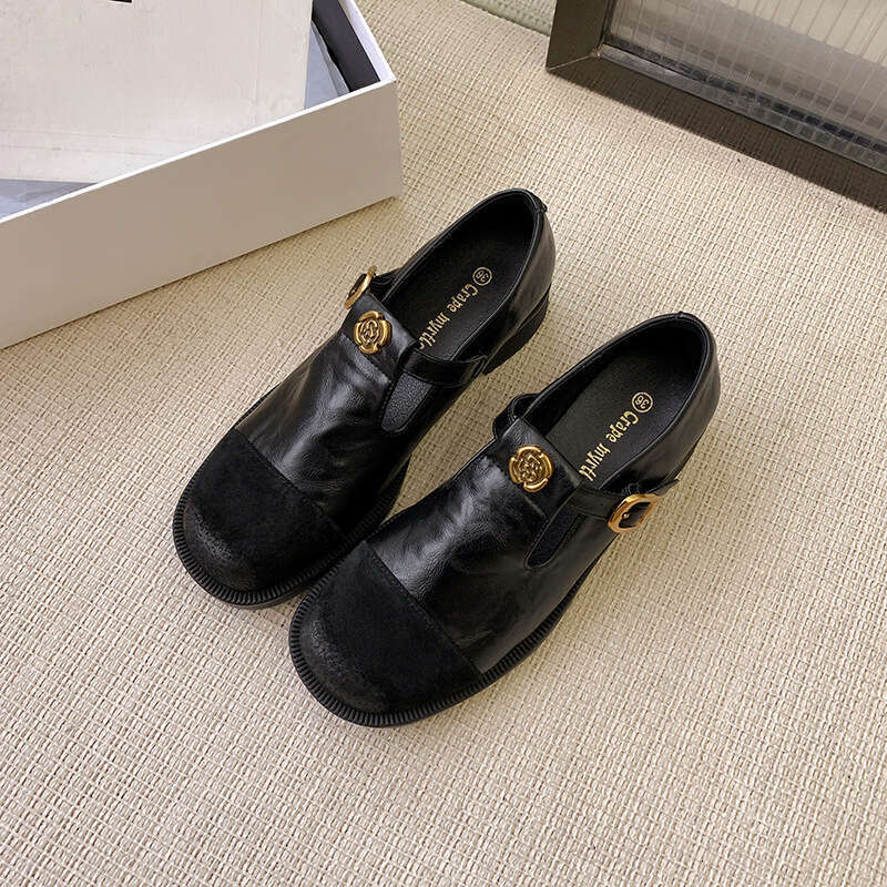 Cowhide Version Spring New T-Buckle Mary Jane Women Brown Loafers hot Low Heel Single Small Leather Shoes Trendy