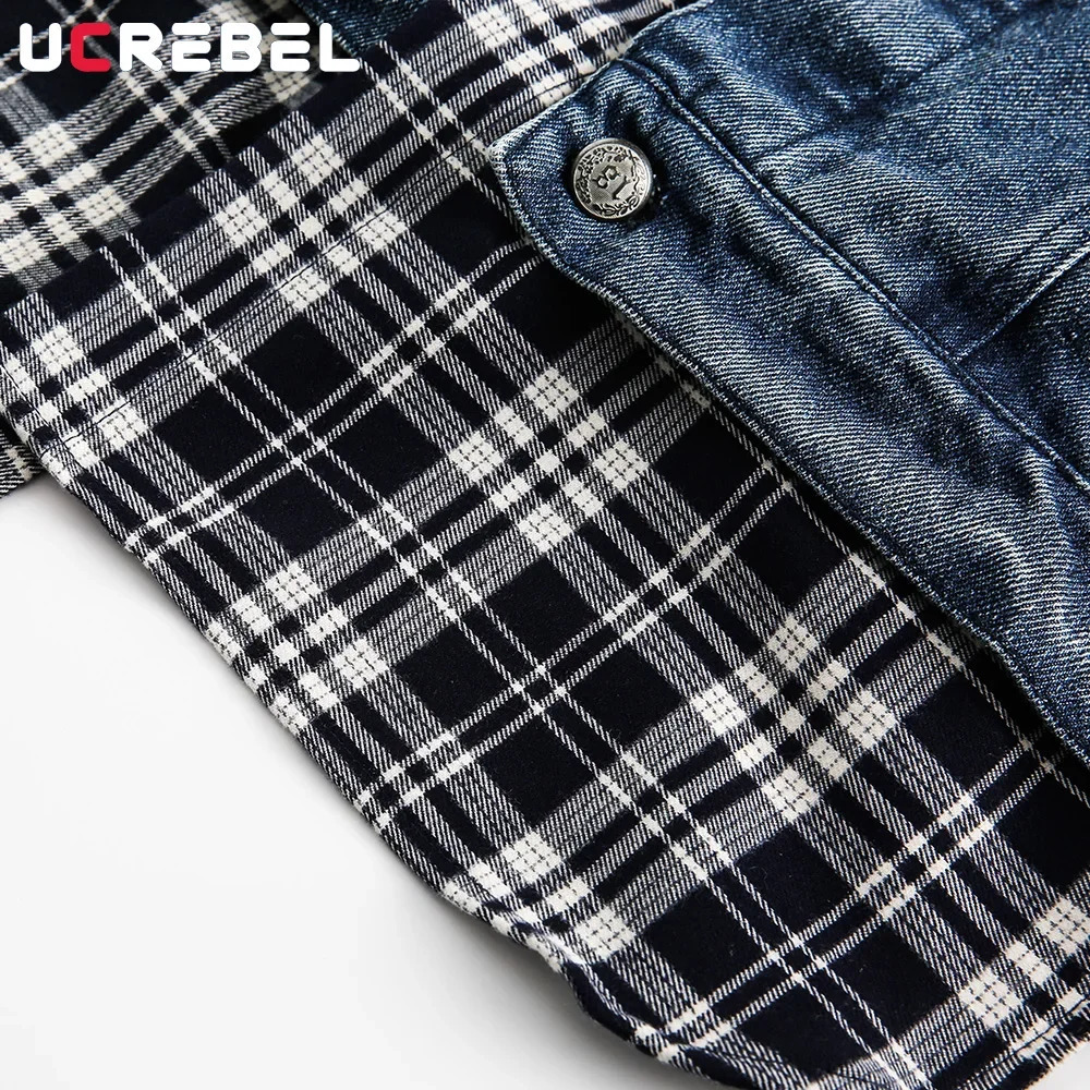 Plaid Patchwork Denim Jacket Mens High Street Autumn Lapel Single Breasted Long Sleeve Outerwear Jeans Jacket 250614