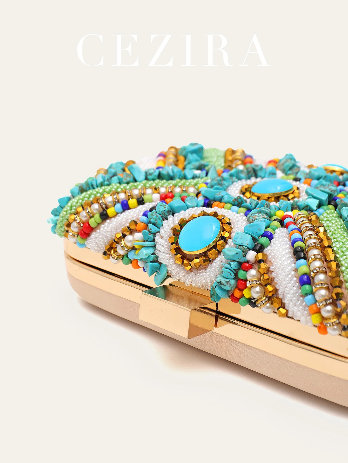 CEZIRA Womens Glamorous Luxury Colorful Beads Pearls Clutch Metal Frame Case Evening Bag Long Chain Purse Party Wedding Holiday 250614