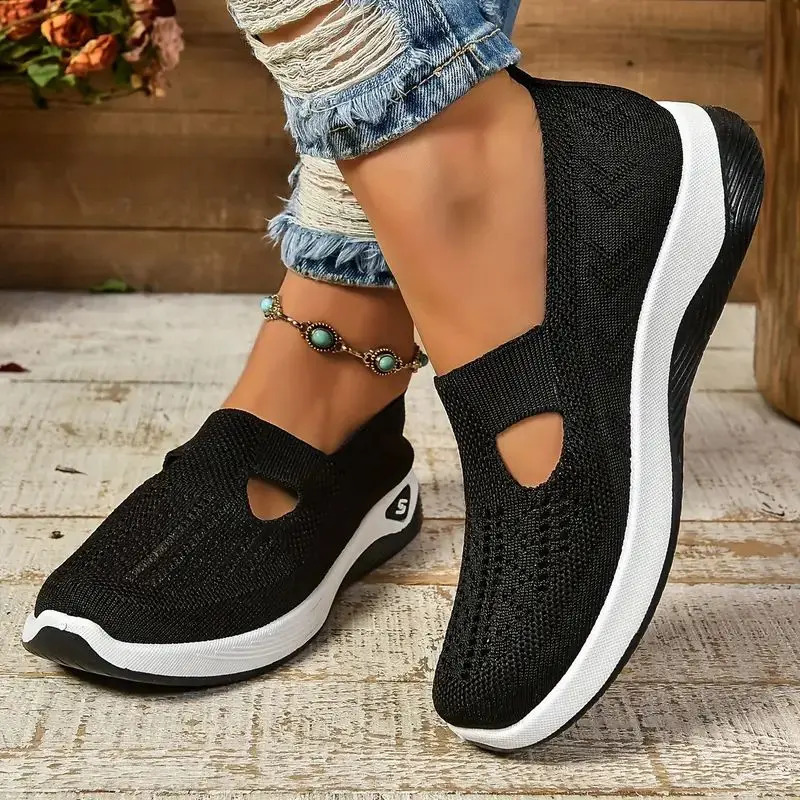 Soft Sole Knitted Sneakers For Women Breathable Comfort Casual Sports Shoes Woman Lightweight Hollow Out Mesh Flats Summer Shoes 250613