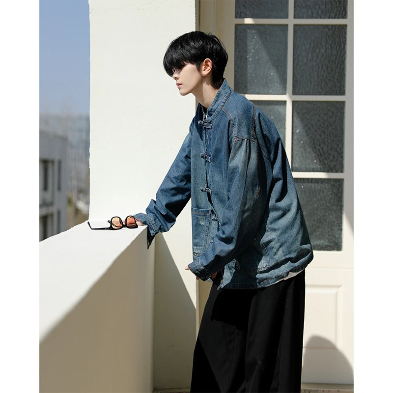 Streetwear Fashion Mens Spring and Autumn Jackets Washed Denim Tops Baggy Jacket Men Chinese Kung Fu Tang Suit Casual Coat Male 250614