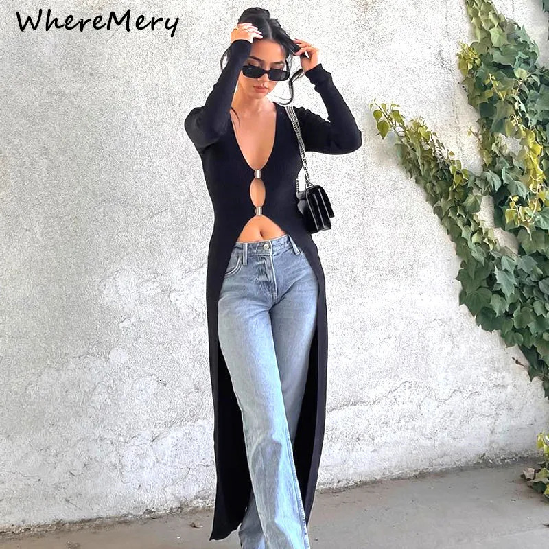 WhereMery Sexy Hollow Out Long Sleeve Maxi T Shirt Women V Neck Low Cut Metal Button Black Top Streetwear Casual Lady Tops Tees 250614
