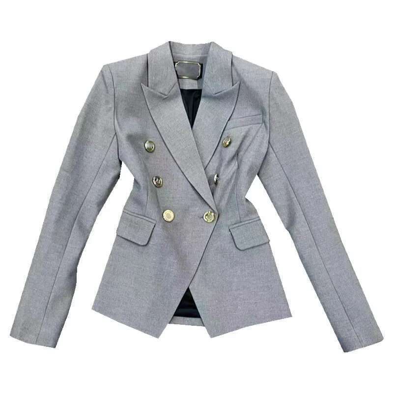 Gray Slim Fit Long Sleeve Commute Suit Jacket Double Row Metal Buckle Fashionable Women's Polyester Fiber No Collar Coat