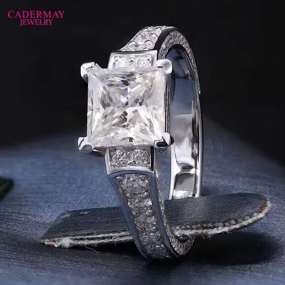 Cadermay Jewelry 925 Sterling Silver 7x7mm 2ct Princess Cut Moissanite Diamond Engagement Anniversary Wedding Ring