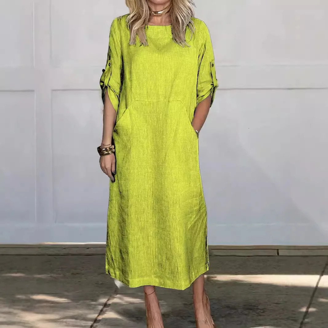 Cotton Linen Dress For Women Summer Loose Casual Solid Color Shortsleeved Pockets Long Dresses Elegant Womens Clothing 250611