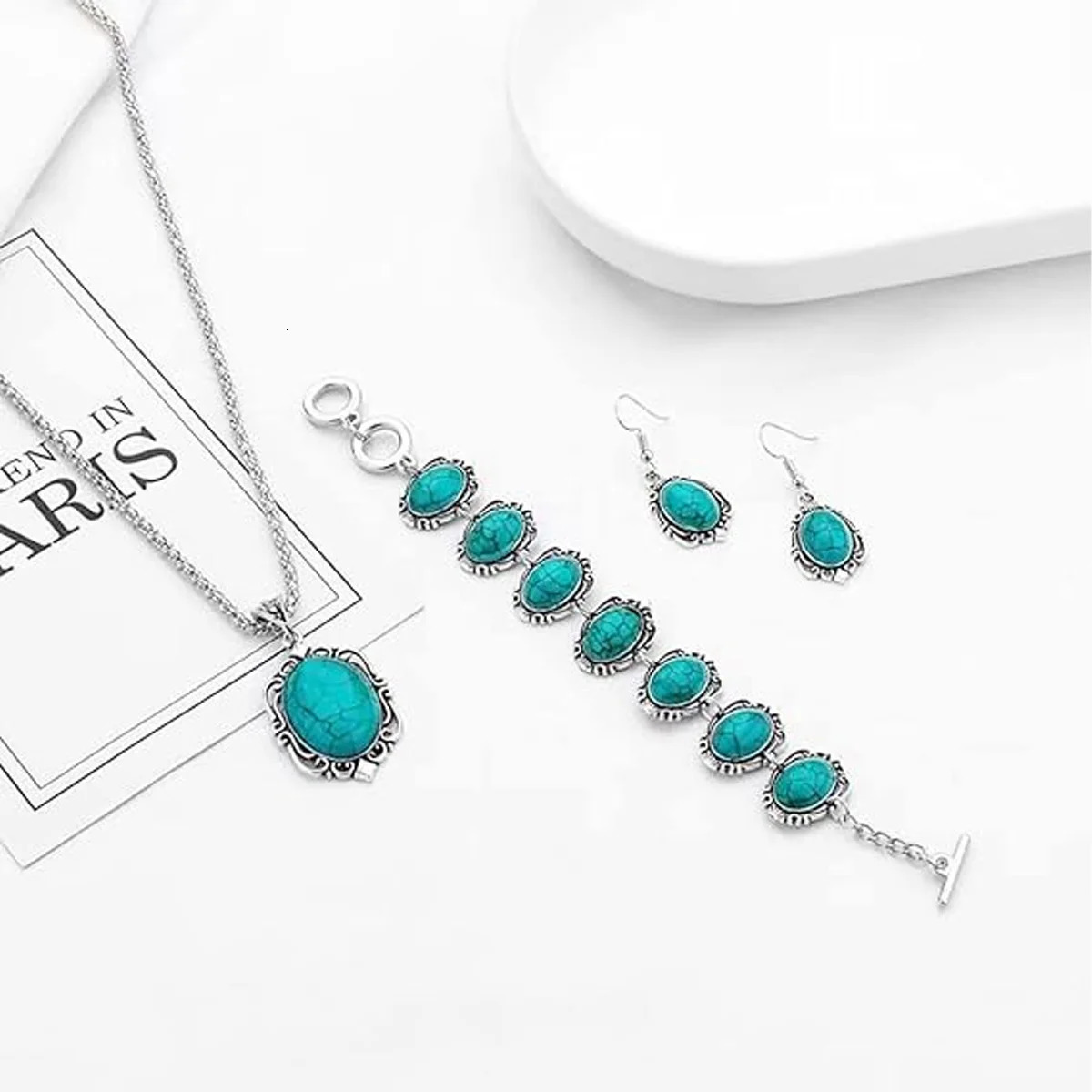 3pcs Vintage Turquoise Bracelet Necklace Earrings Set Healing Stone Decoration GiftWithout Box 250609