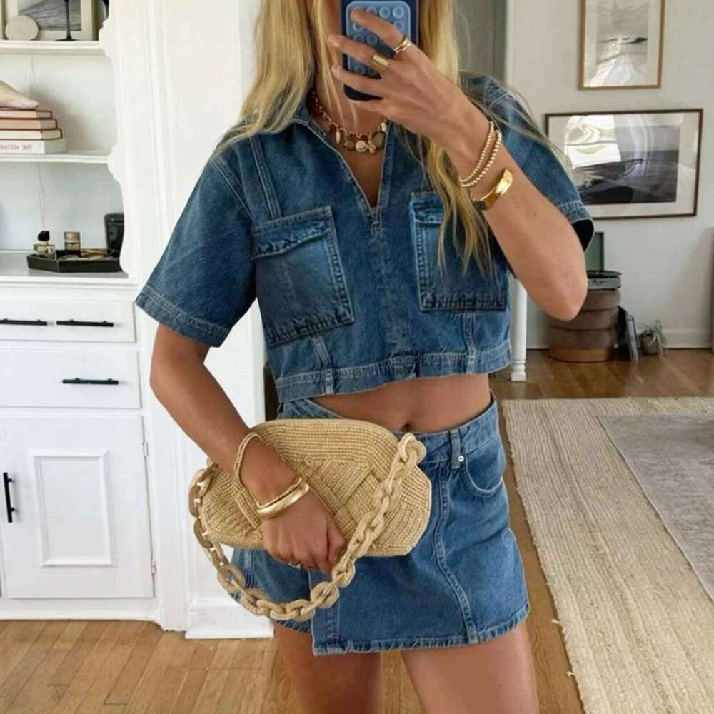 Hirigin Chic Women Denim 2 Piece V Neck Short Sleeve Jean Tunic Tops Irregular Hem Mini Skirt Shorts Set Y2k Streetwear