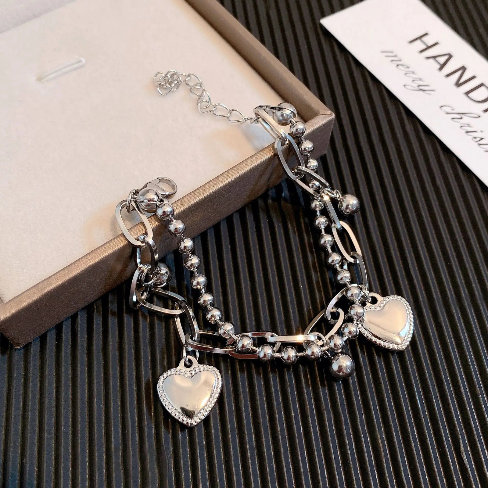 Ins Double-layers Korean Heart Tassel Bracelets For Women Stainless Steel Thick Chain Beaded Bangle Hiphop Bracelet Jewelry Gift 250610