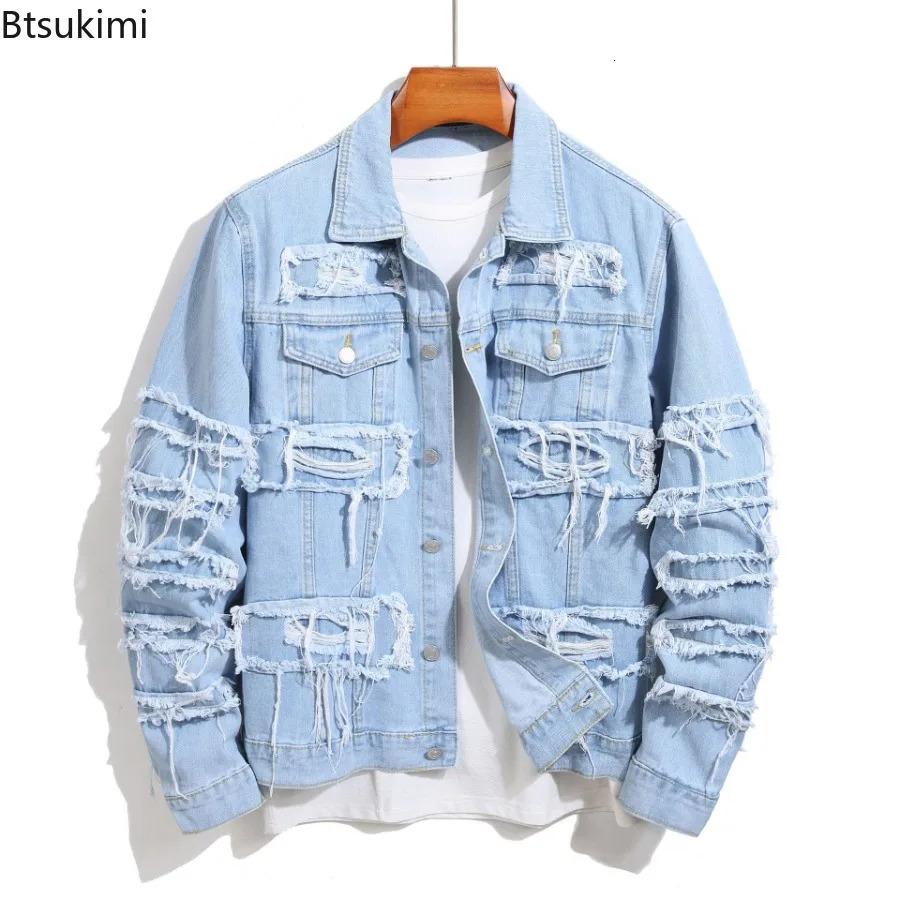 Mens Distressed Stacked Splicing Denim Jackets Trend Streetwear Loose Casual Holes Ripped Jean Coats Men Clothing Tops 250614