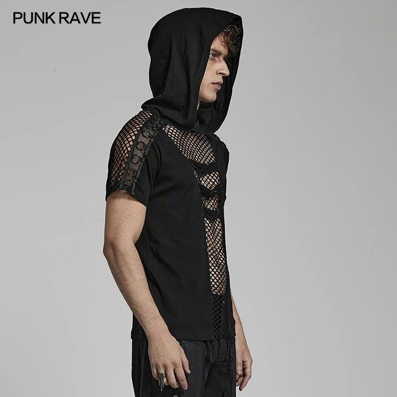 PUNK RAVE Mens Punk Elastic Knitted Charm Mesh Cutouts Sexy Hooded T-shirt Personality Hollow Casual Black Tops Tees Summer 250614
