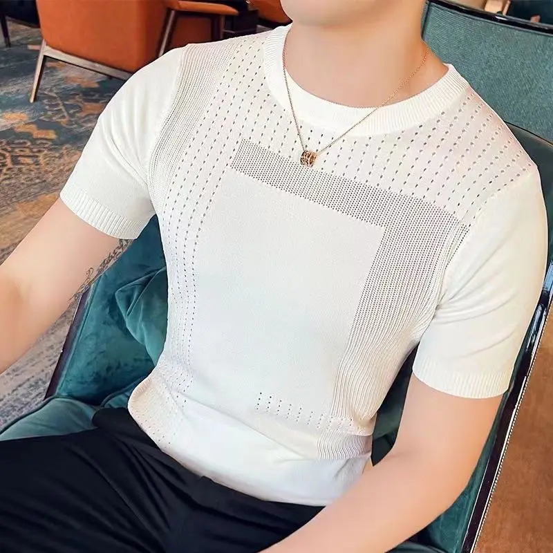 Summer Round Neck Ice Silk Hollow Knitted Short-sleeved Base Thin Mens Trendy Half-sleeved T-shirt Breathable Knitted Sweater 250614