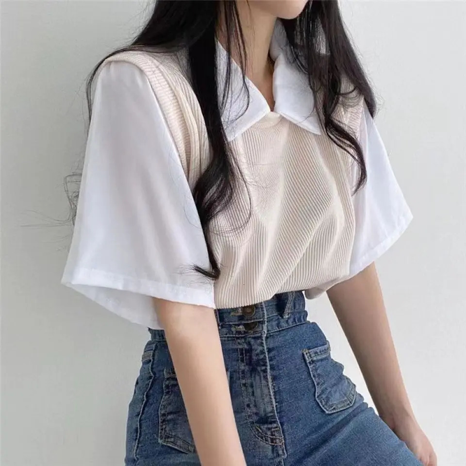Korean Casual False Two-piece Lady Polo Shirts Contrast Color Spliced Short Sleeve Womens Tops Spring Summer T-shirts 250609