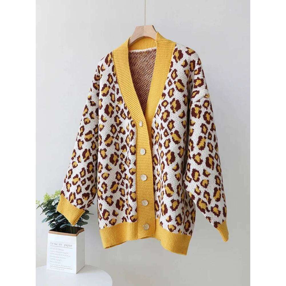 Aoaiiys Leopard Knitted Cardigan for Women Sweater Contrast Color Button V-neck Long Sleeve Coat Autumn Winter Fashion Cardigans