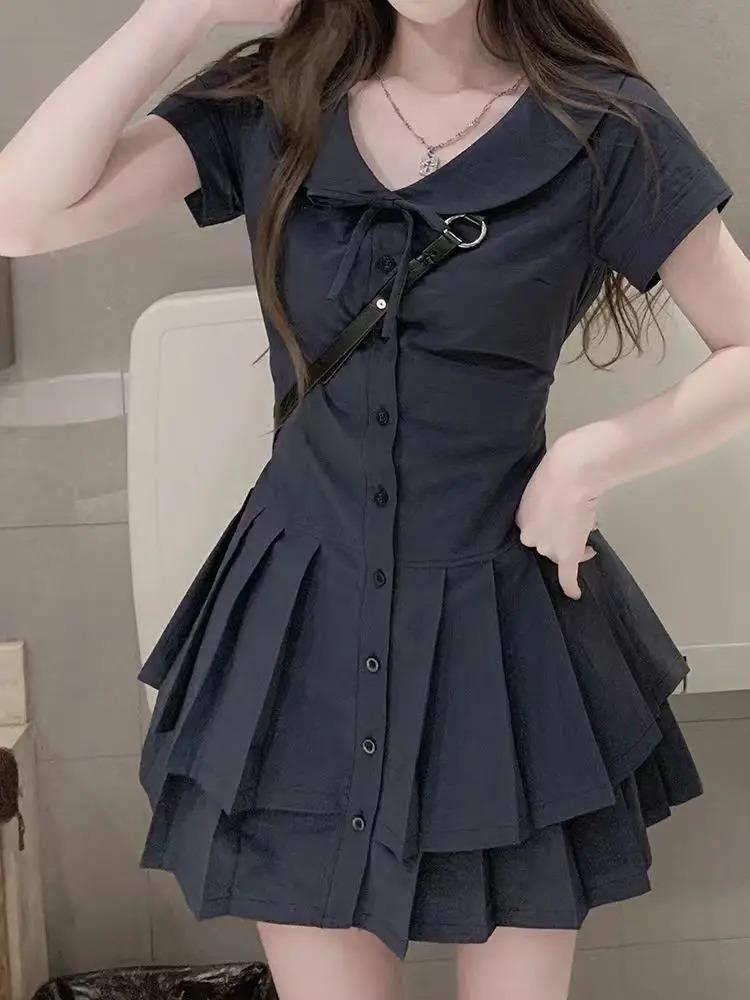 Vintage Casual Short Sleeve Dress Summer Elegant Lapel Thin Retro Dresses Women High Street n Slim Brief Clothing 250611