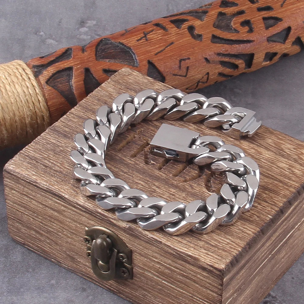Never Fade Stainless Steel Vikings Bracelets For Men Blank Color Punk Curb Cuban Link Chain Bracelets with gift wooden box 250610