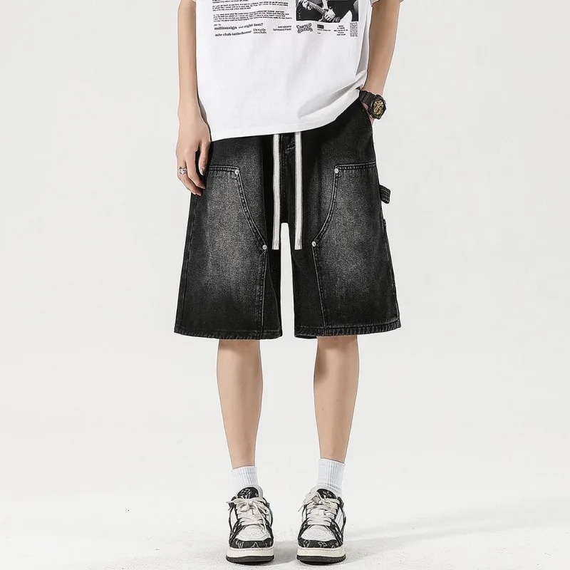 Fashion Streetwear Mens Denim Shorts Summer Loose Vintage Harajuku Splicing Hiphop Cargo Moto Short Jeans Black Blue 250614