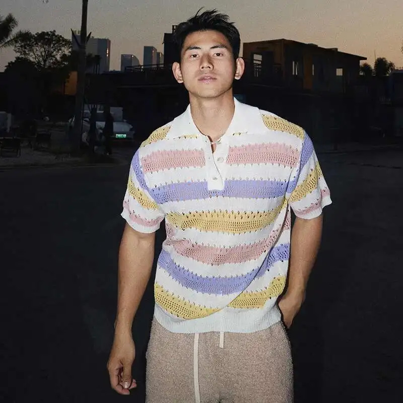 FEWQ Summer Mens T-shirts Lapel Hollow Out Colorful Striped Button Short Sleeved Niche Male Tees Vintage 24K3129 250614