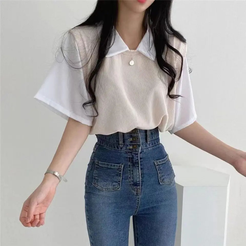 Korean Casual False Two-piece Lady Polo Shirts Contrast Color Spliced Short Sleeve Womens Tops Spring Summer T-shirts 250609