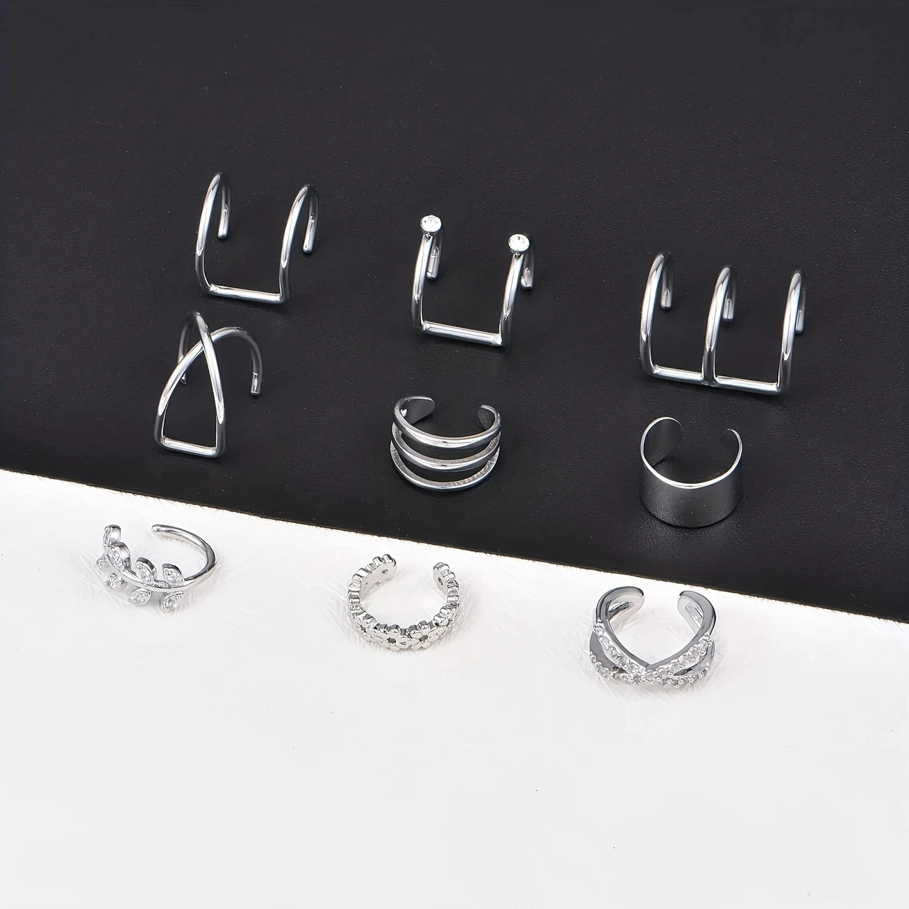 9pcs Stainless Steel Ear Cuff Set Rhinestone Non-Pierced Helix Earrings Simple Style Ear Clips for Men Women Daily Holiday Wear 250610