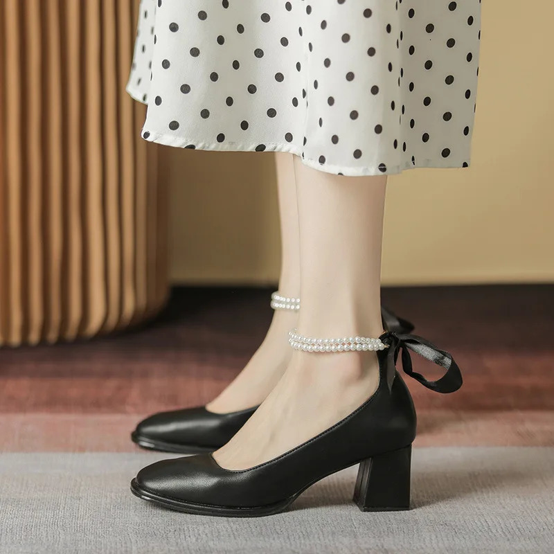 er Ladies High Heels Elegant Bow Square Toe Black High Heels Fashion Thick Heel Wedding Party Pearl Lace Wedding Shoes 250614