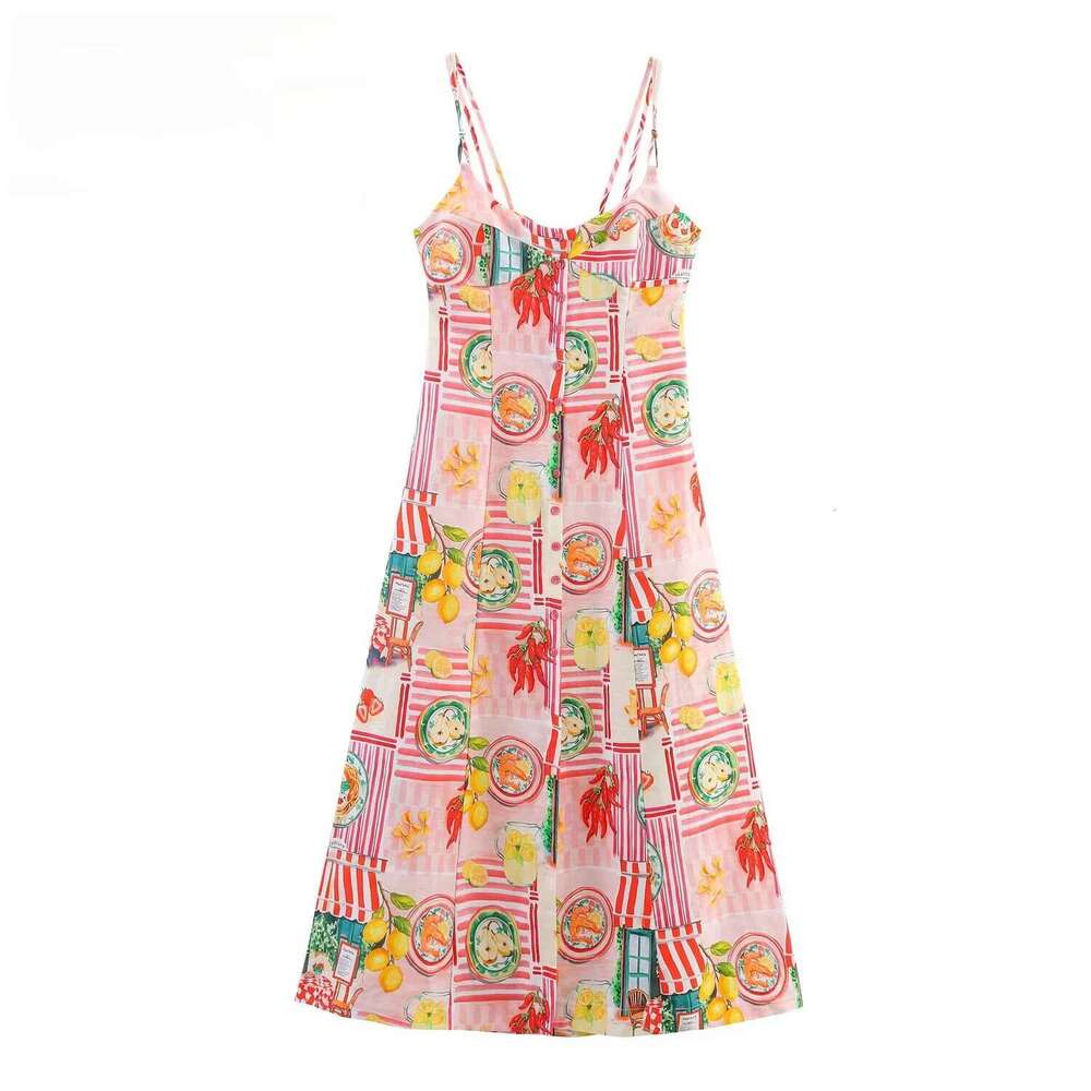 Womens Elegant Sexy Square Neck Sleeveless Spaghetti Strap Linen Blend Mid Length Printed Dress With Back Cut - Out