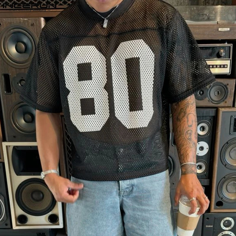 INCERUN Mesh Splicing Loose T-Shirts Men Short Sleeve Hollow Casual Summer Digital Printing Oversize Tops 250614