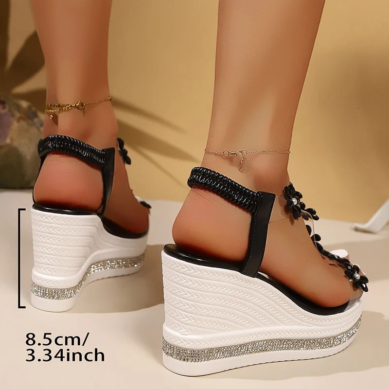 Elegant Rhinestones Flowers Sandals Women Fashion Crystal Chunky Platform Sandles Woman Slip On Wedge High Heels Sandalias Mujer 250610