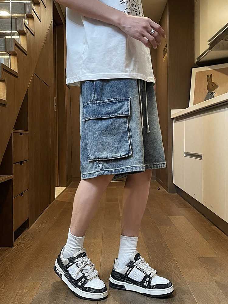 Summer Mens Cargo Denim Shorts Baggy Straight Fashion Casual Wide Leg Short Pants Big Pocket Beach Vacation Jeans Male 250614