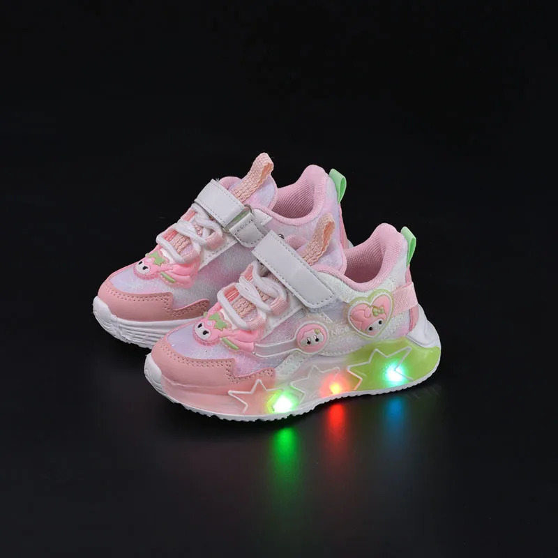 anrio Kawaii Kuromi My Melody Casual Sneakers Girl Cartoon Fashion Rotating Buckle Children Led Luminous Sports Shoes H260130